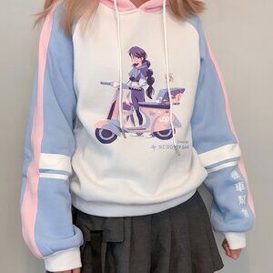 Sang Lam Art White Pink and Blue Pastel Color-Block Scooter Gang Hoodie